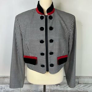 VINTAGE SANDRA OW-WING for N.R. 1 Cropped Check Velvet Trim Blazer Jacket